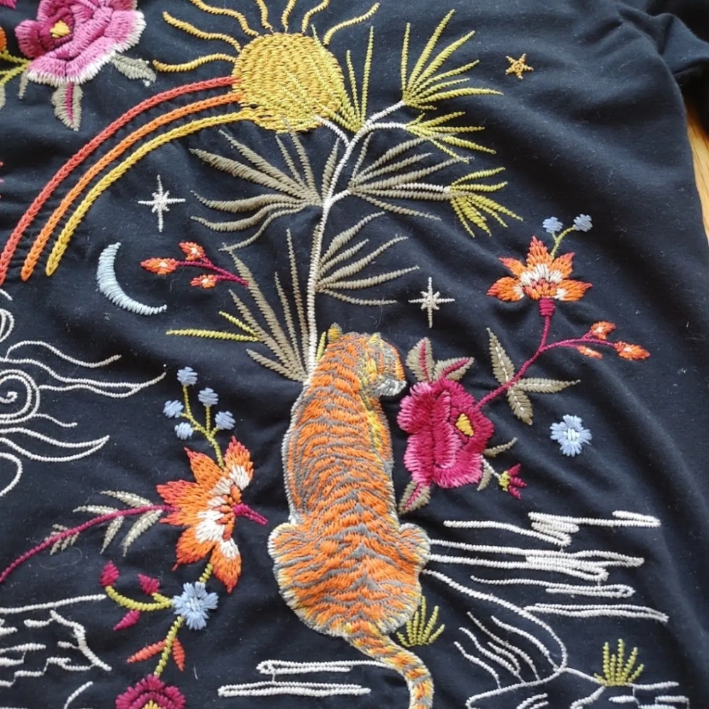 Johnny Was Hoodie Black Tiger Embroidered XS